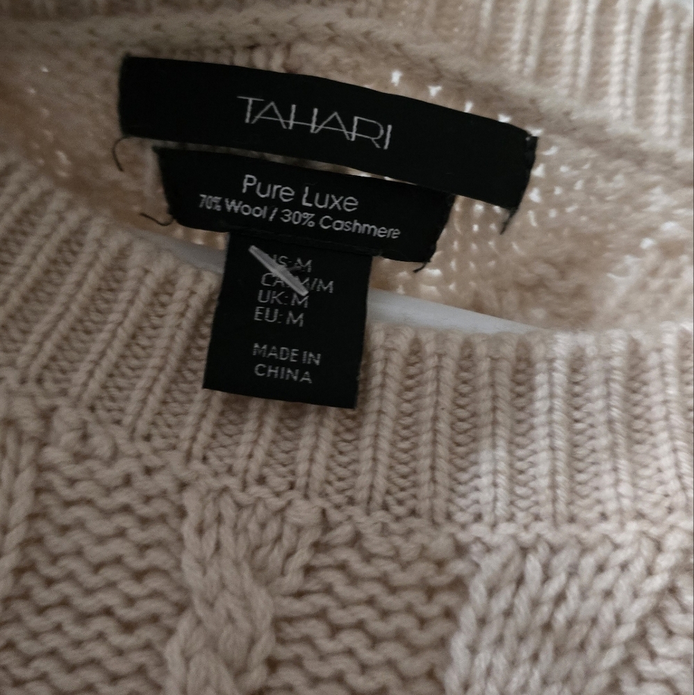 Tahari Pure Luxe Wool & Cashmere Cable Knit Crewneck Sweater, Off-White, EUC! - Picture 8 of 8